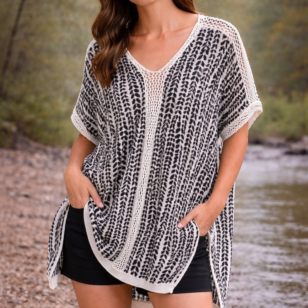 C Wonder Women’s V-Neck Cap Sleeve High Low Linen Blend Tunic oversized Top XS/S